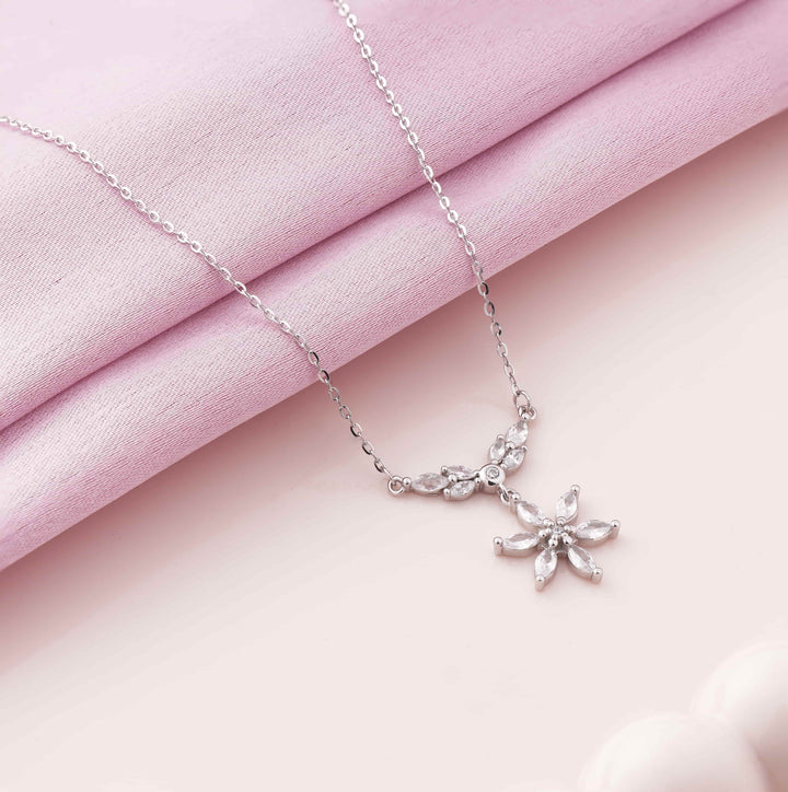 Blooming Flower Rhodium Pendant Chain