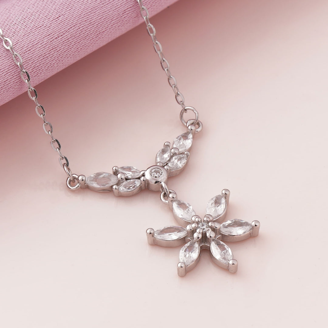 Blooming Flower Rhodium Pendant Chain