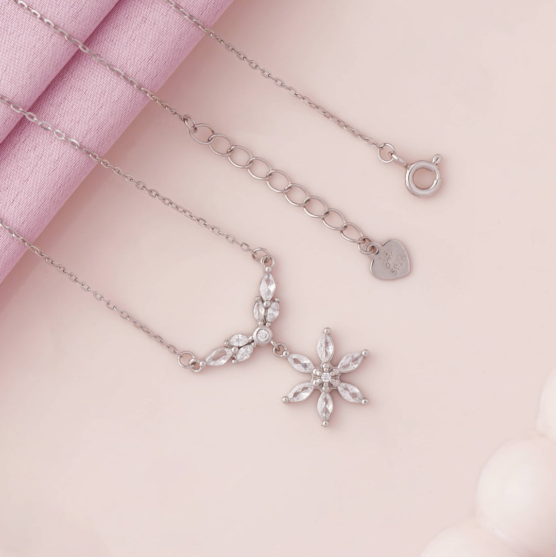 Blooming Flower Rhodium Pendant Chain