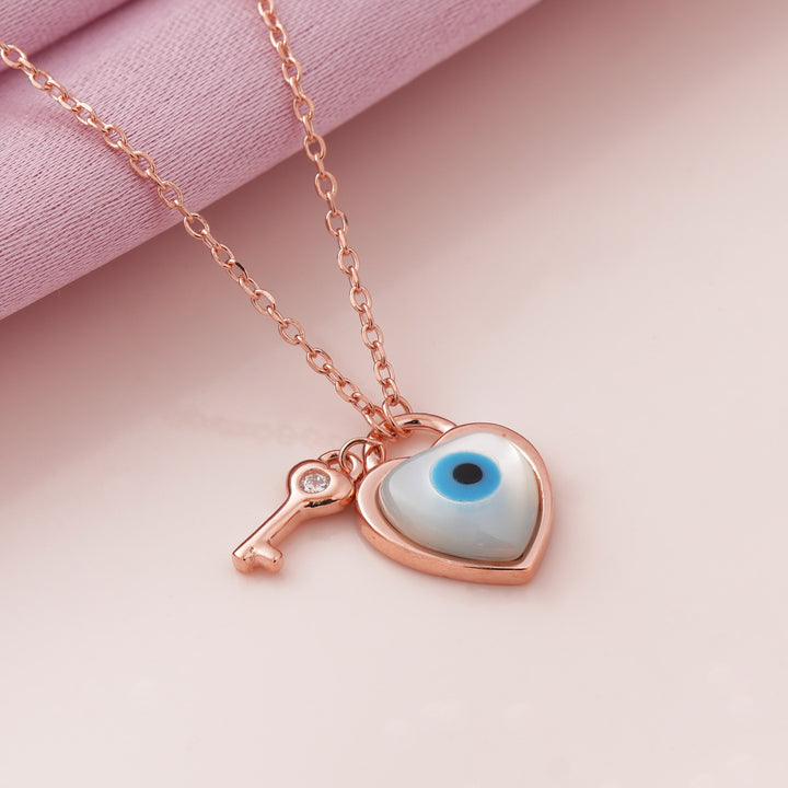 Evil Eye Key to Heart Rose Gold Pendant Chain