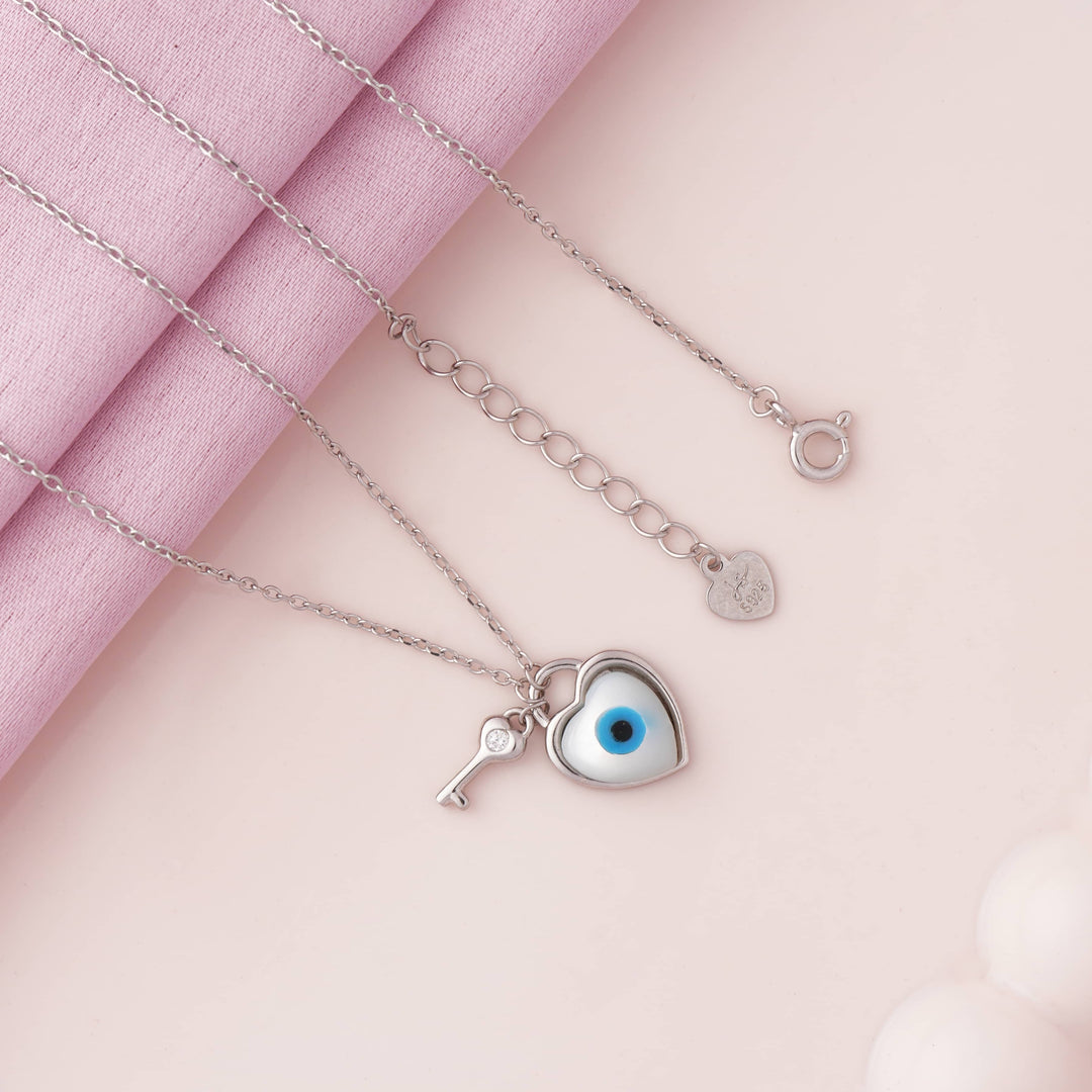 Evil Eye Key to Heart Rhodium Pendant Chain