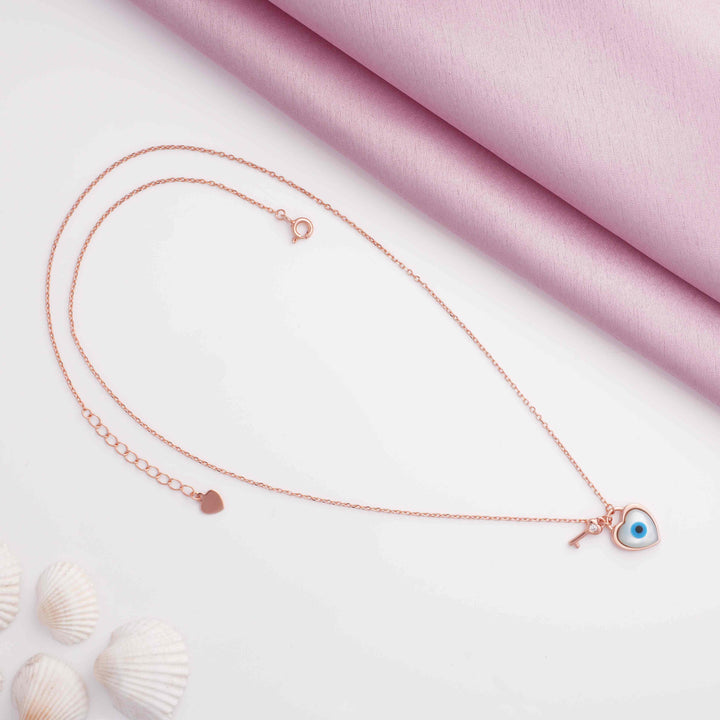 Evil Eye Key to Heart Rose Gold Pendant Chain
