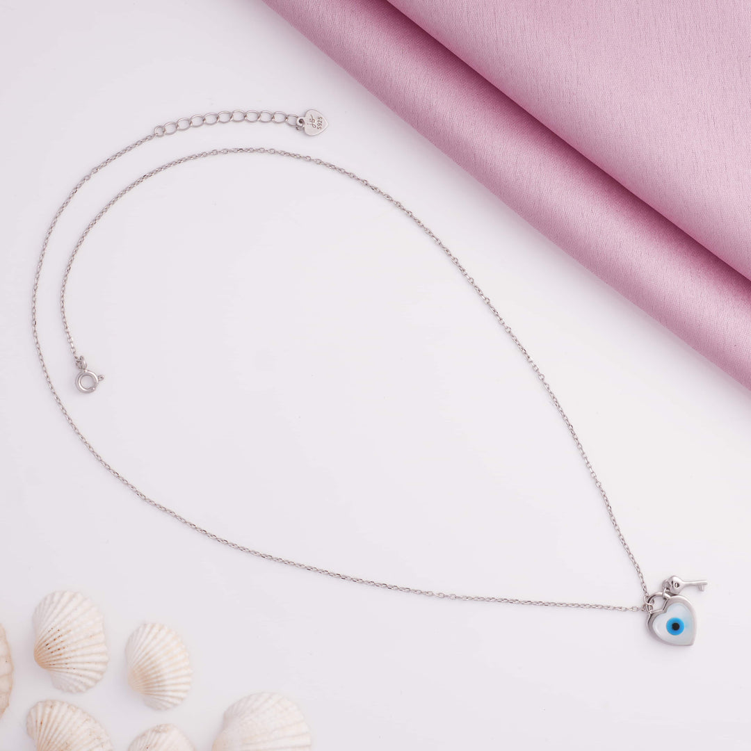 Evil Eye Key to Heart Rhodium Pendant Chain