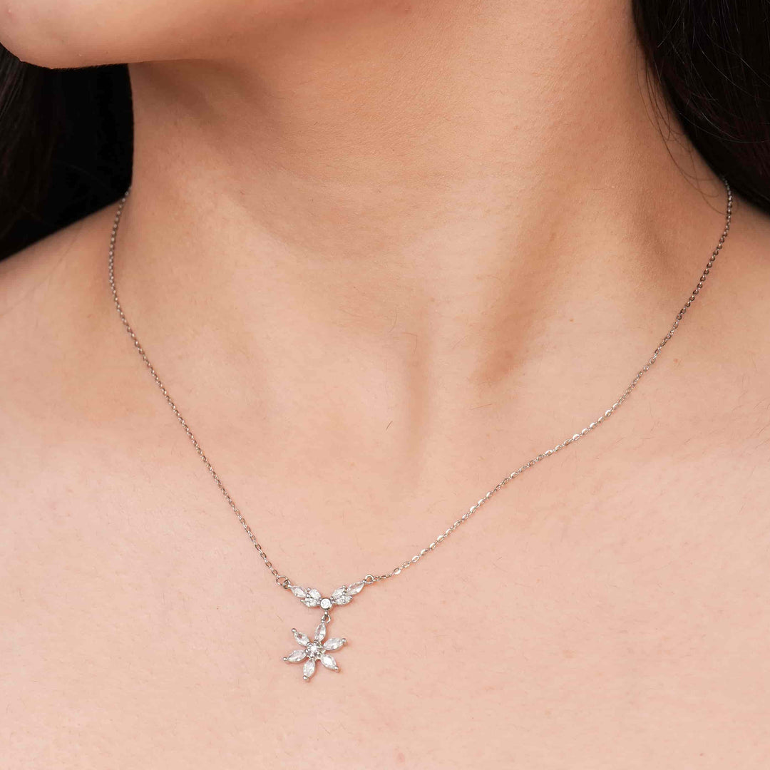 Blooming Flower Rhodium Pendant Chain