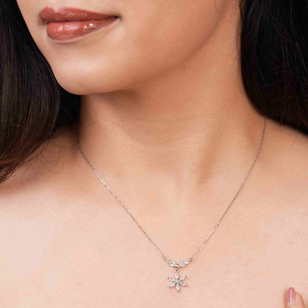 Blooming Flower Rhodium Pendant Chain