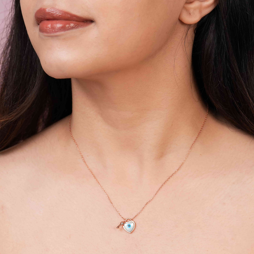 Evil Eye Key to Heart Rose Gold Pendant Chain
