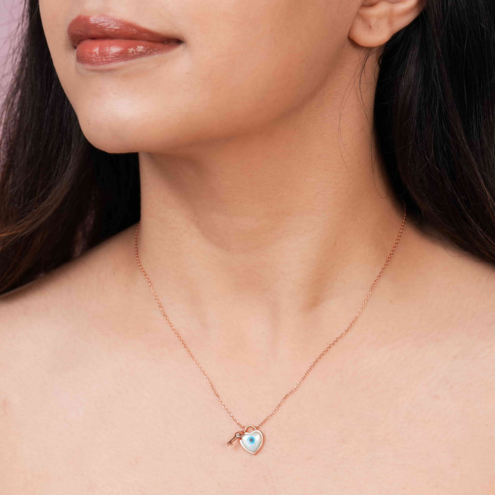Evil Eye Key to Heart Rose Gold Pendant Chain