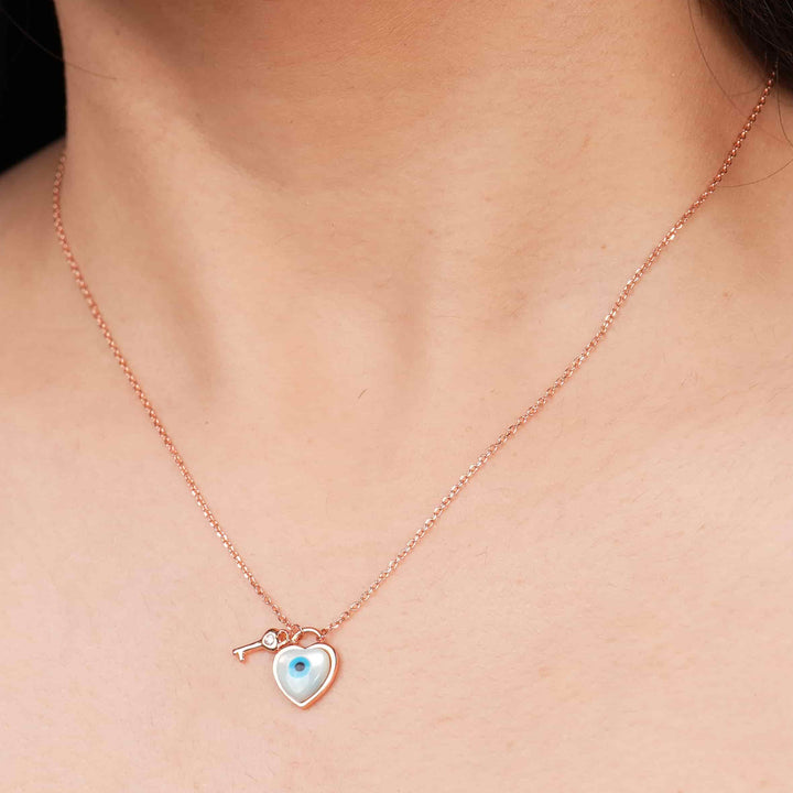 Evil Eye Key to Heart Rose Gold Pendant Chain