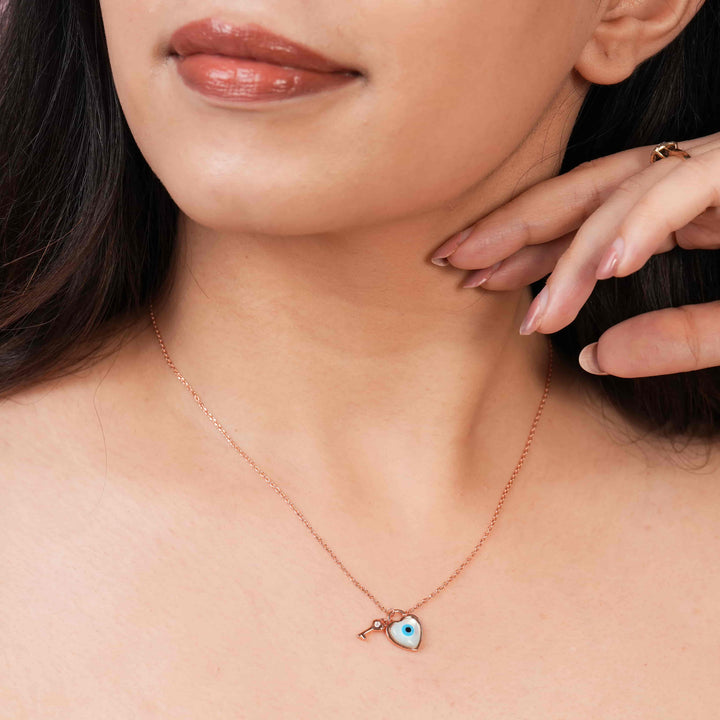 Evil Eye Key to Heart Rose Gold Pendant Chain