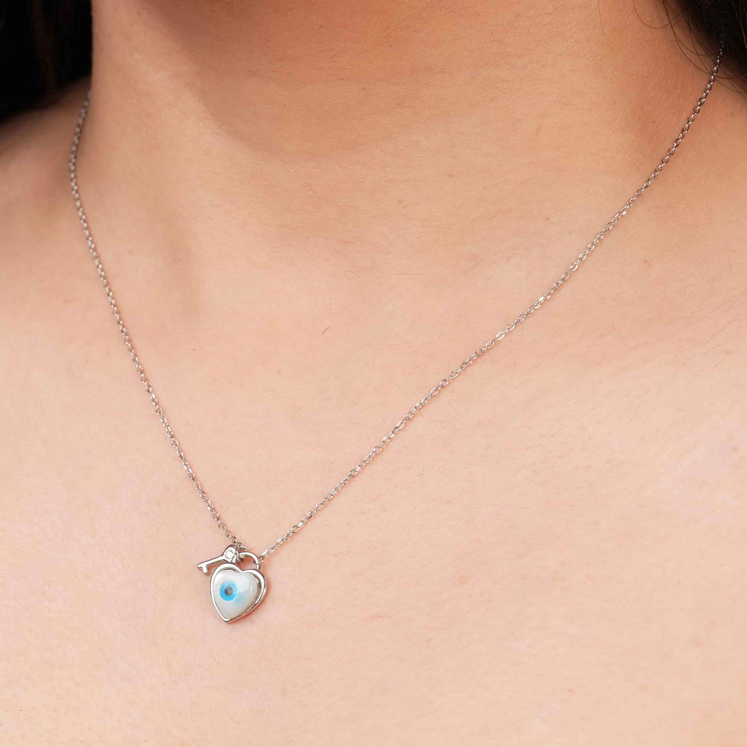 Evil Eye Key to Heart Rhodium Pendant Chain