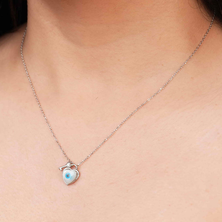 Evil Eye Key to Heart Rhodium Pendant Chain