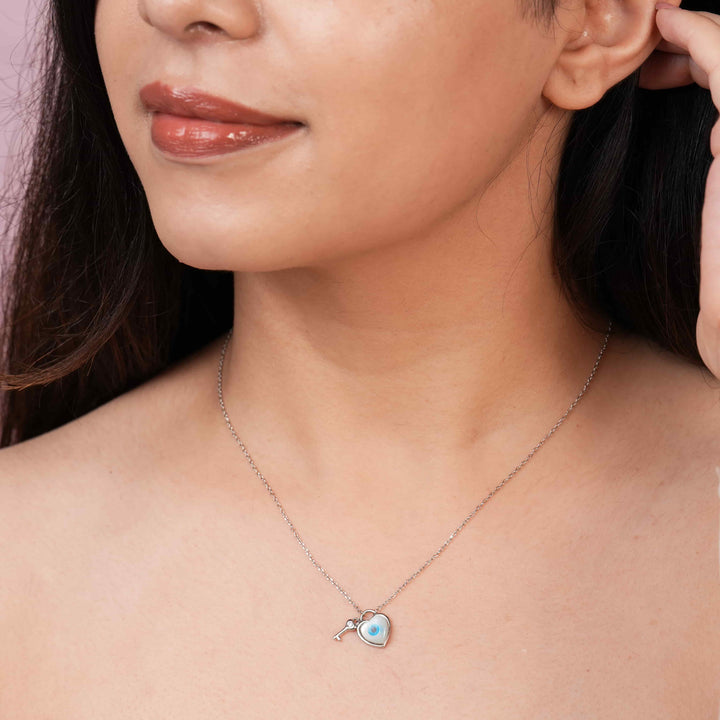 Evil Eye Key to Heart Rhodium Pendant Chain