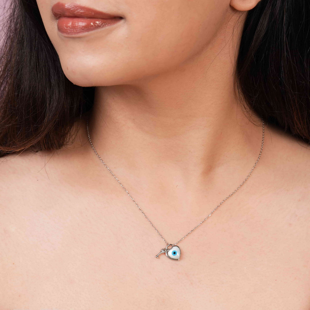 Evil Eye Key to Heart Rhodium Pendant Chain