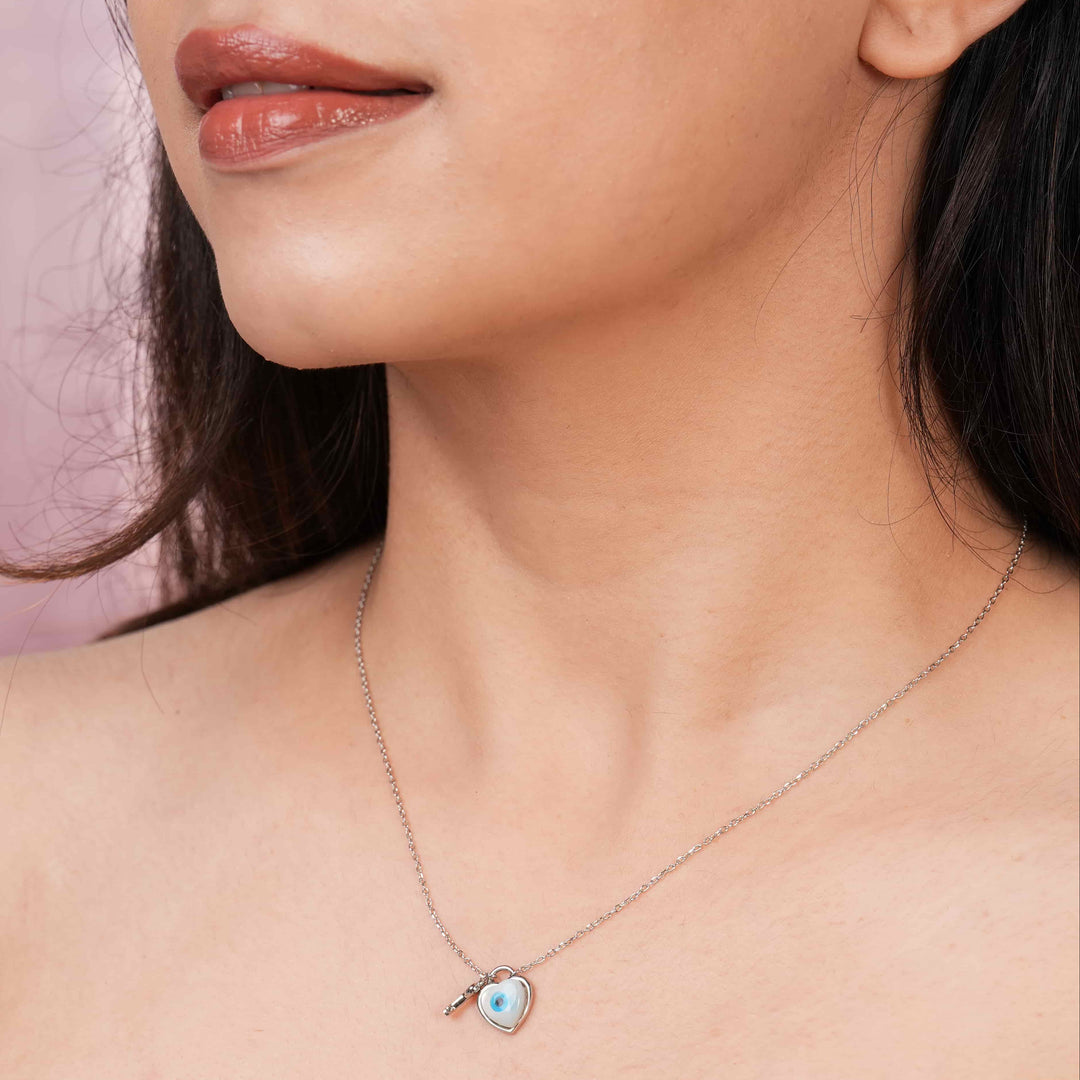Evil Eye Key to Heart Rhodium Pendant Chain