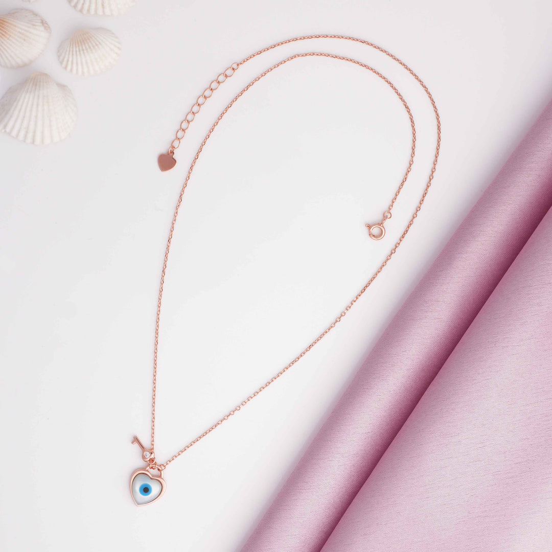 Evil Eye Key to Heart Rose Gold Pendant Chain