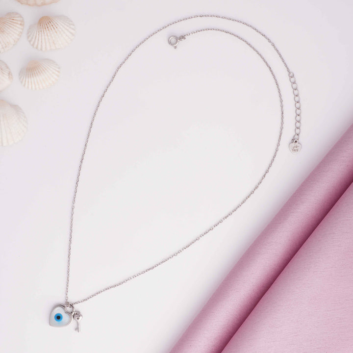 Evil Eye Key to Heart Rhodium Pendant Chain