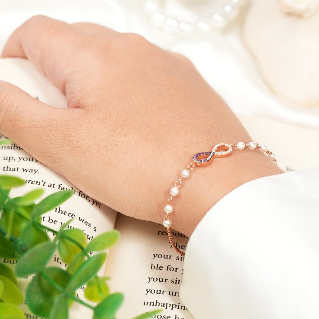 Colourful Infinity Diamonds with Pearl Rose Gold Bracelet