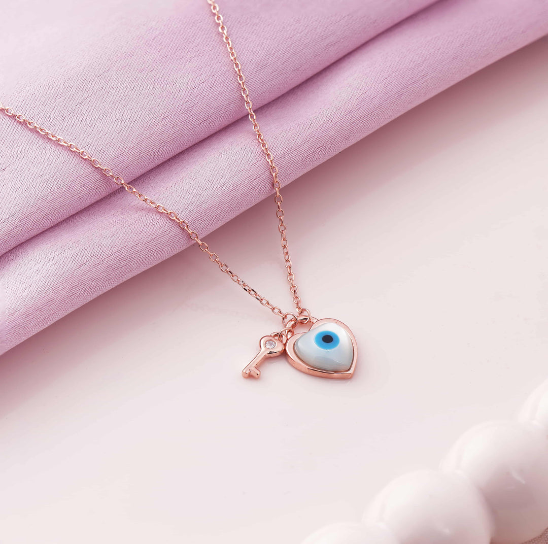 Evil Eye Key to Heart Rose Gold Pendant Chain