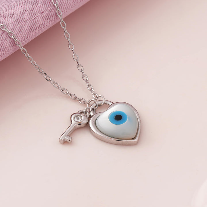 Evil Eye Key to Heart Rhodium Pendant Chain