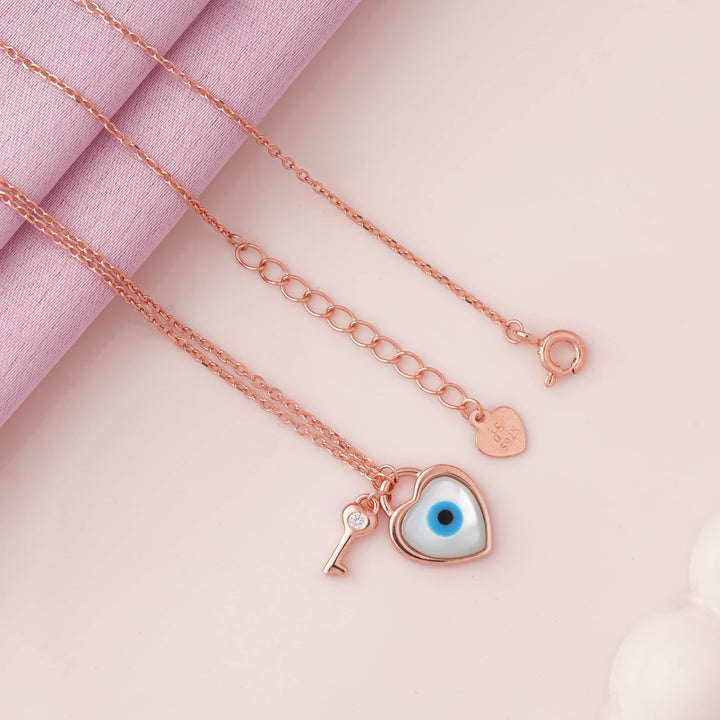 Evil Eye Key to Heart Rose Gold Pendant Chain