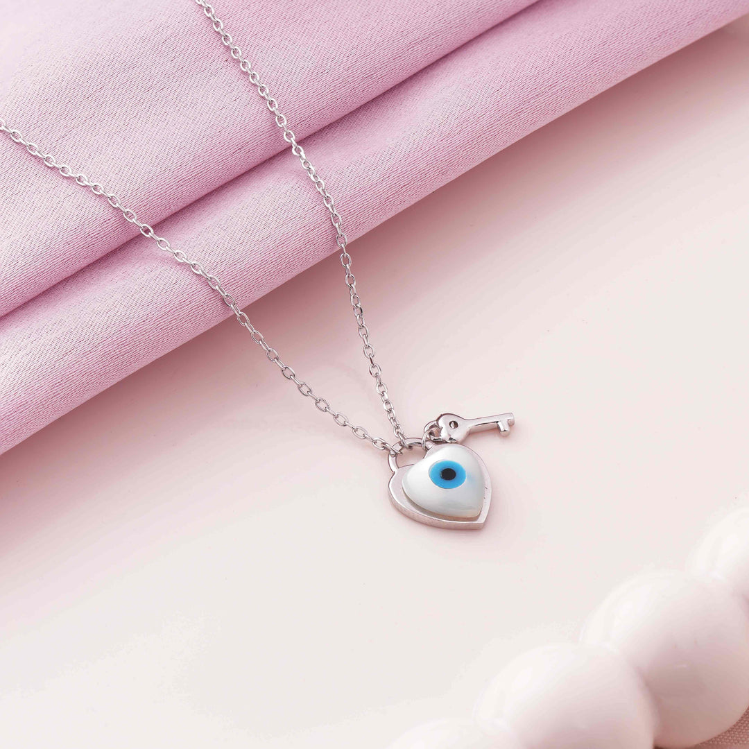 Evil Eye Key to Heart Rhodium Pendant Chain